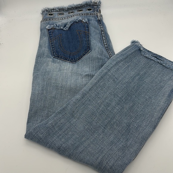 True Religion Y2K Super Low Rise Stovepipe Deconstructed Crop Jeans Size 27 - Picture 11 of 13
